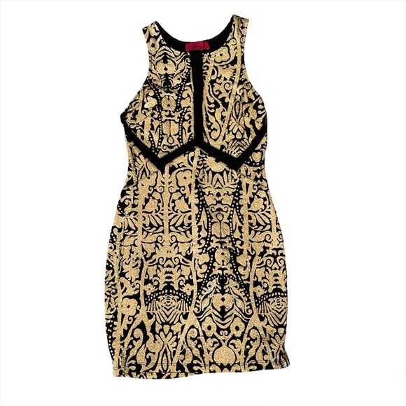 Carina Black and Gold Filigree Baroque High Neck Bodycon Cocktail Dress - Picture 1 of 15